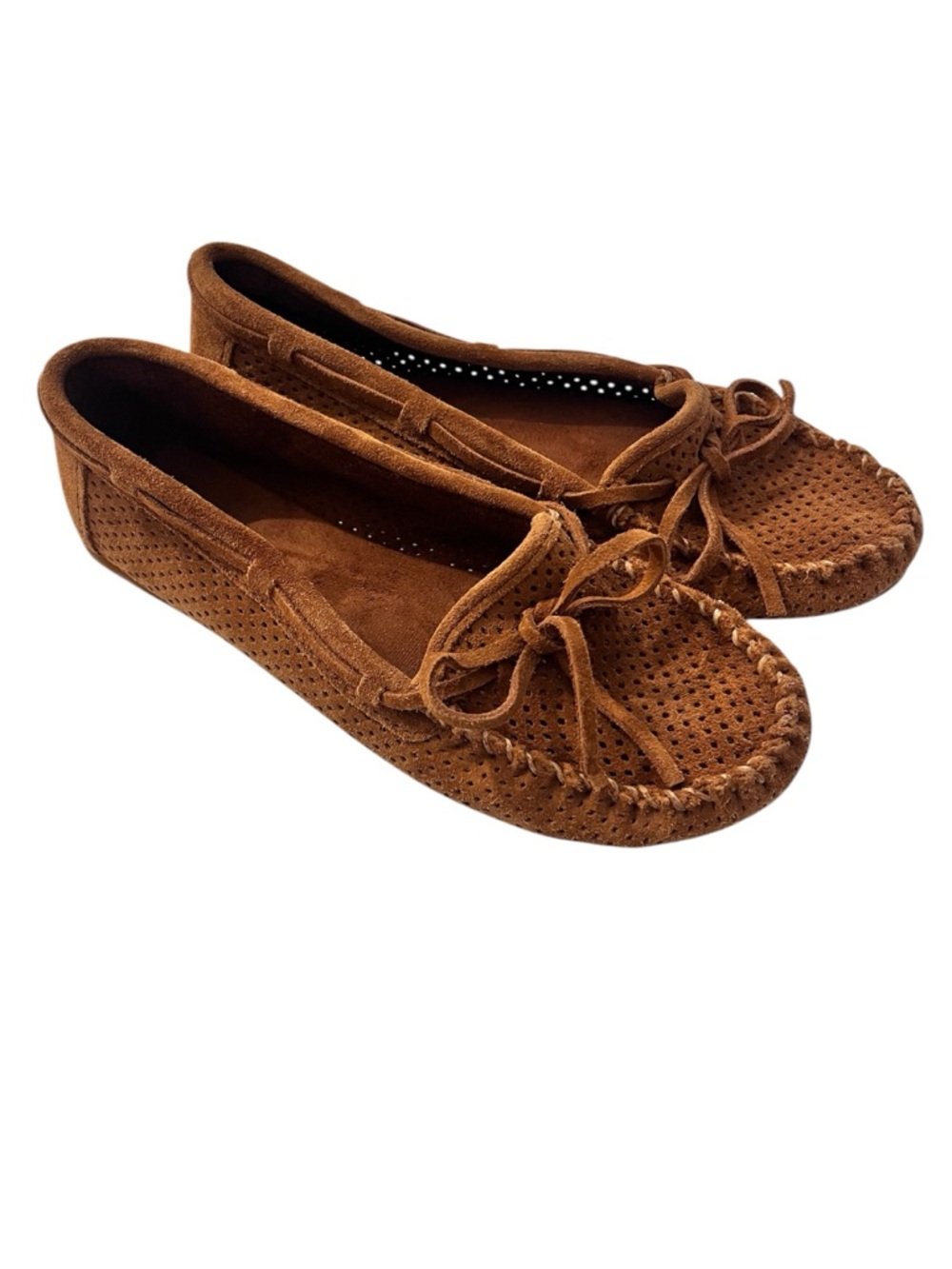 Minnetonka Brown Suede Moccasin Loafers Womens Size 10 Perforated Slip-On